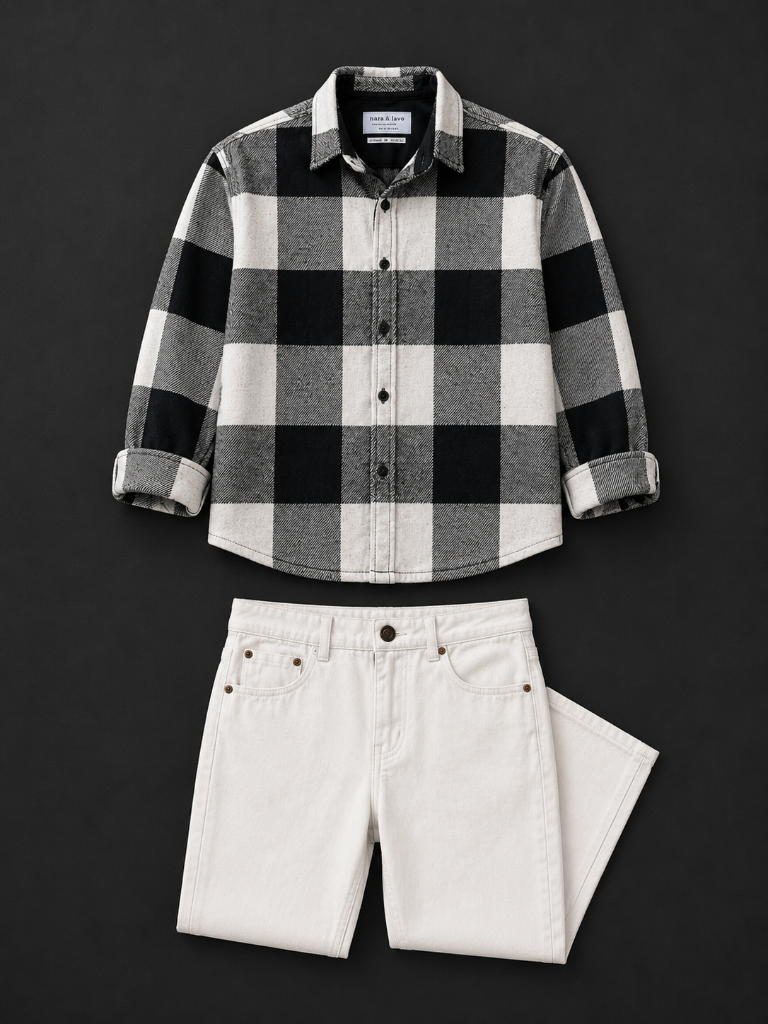 Men's Premium Black & White Checkered Shirt with White Relaxed Fit Denim Combo